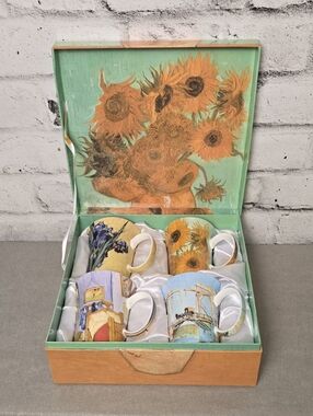 Van Gogh Mug Set 4 Bone China London Home Gift Box Sunflowers